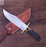 13" HAND FORGED Full Tang Damascus Steel Hunting Bowie knife + Leather Sheath - ZB Knives Store