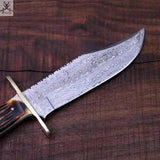13" HAND FORGED Full Tang Damascus Steel Hunting Bowie knife + Leather Sheath - ZB Knives Store