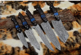 5 PCS HAND FORGED Fixed Blade Damascus Steel kitchen Knives + leather Roll kit 🦋💙 - ZB Knives Store