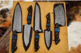 5 PCS HAND FORGED Fixed Blade Damascus Steel kitchen Knives + leather Roll kit 🦋💙 - ZB Knives Store