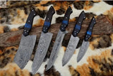 5 PCS HAND FORGED Fixed Blade Damascus Steel kitchen Knives + leather Roll kit 🦋💙 - ZB Knives Store