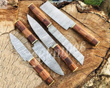 5 PCS HAND FORGED Fixed Blade Damascus Steel kitchen Set Knives + leather Roll kit - ZB Knives Store