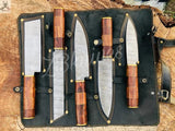 5 PCS HAND FORGED Fixed Blade Damascus Steel kitchen Set Knives + leather Roll kit - ZB Knives Store