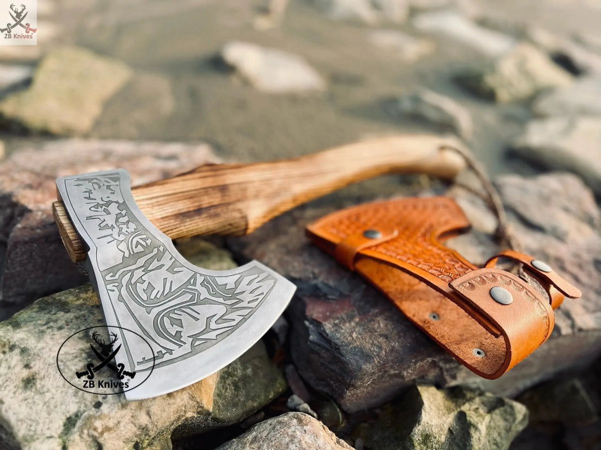 Battle AXE - Ash Wood Handle, Engraved High Carbon Forged Steel Battle AXE - Ash Wood Handle, Engraved High Carbon Forged Steel