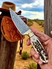 Belt Knife – 6.75 Damascus Steel Blade with Antler Horn Handle & Brass Bolster - ZB Knives Store