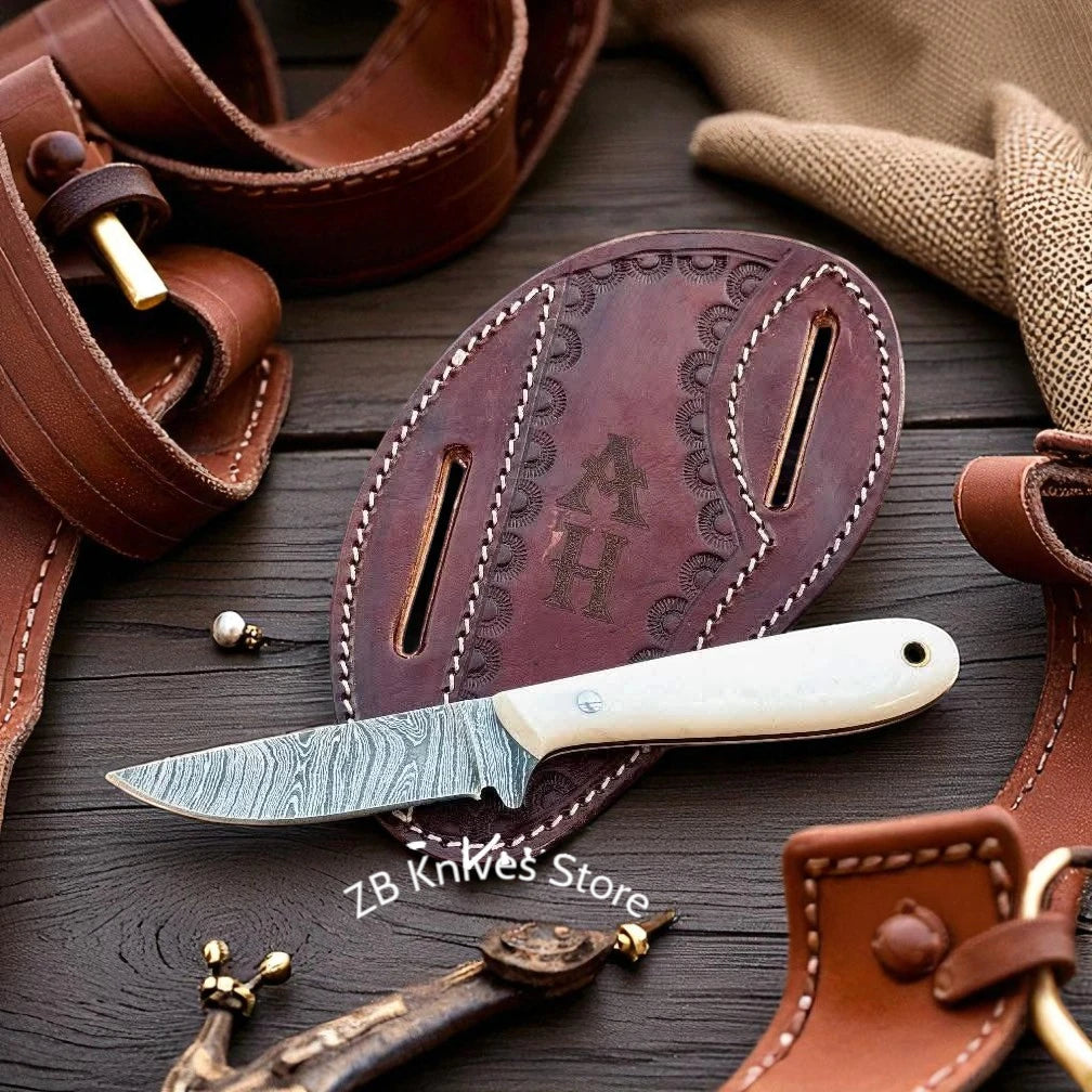 Buckaroo Belt Knife – Damascus Steel Blade with Bone Handle