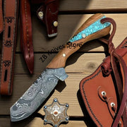 Cowboy Cutter Knife – 7.5" Damascus Steel Blade with Walnut & Turquoise Epoxy Resin Handle - ZB Knives Store