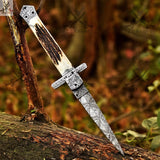 Unleash your inner adventurer with our special Patterns Damascus steel switchblade pocket knife. Crafted with unparalleled precision and featuring a stunning deer horn handle, this knife is the ultimate EDC companion - ZB Knives Store