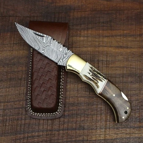 6.5" Inches HAND FORGED Damascus Steel Folding Pocket knife+ Leather sheath