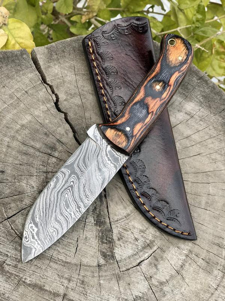 8.25" Inches HAND FORGED Full Tang Damascus Steel Skinning knife+ Leather sheath