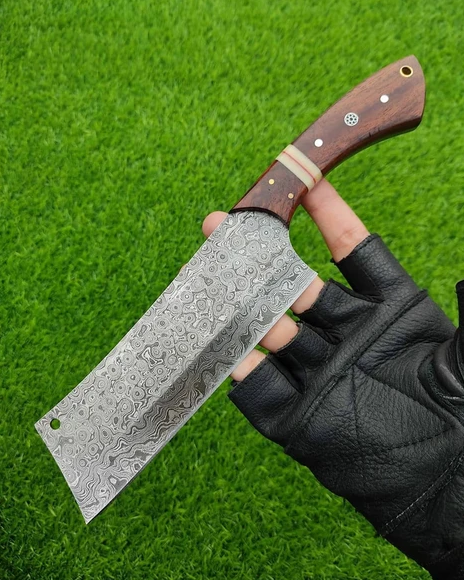 12" Inches HAND FORGED Full Tang Damascus Steel Cleaver Knife+ Leather sheath