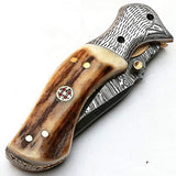 7.5" inches HAND FORGED Damascus Steel Folding Pocket Knife + Leather Sheath