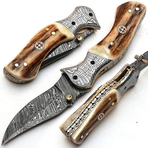 7.5" inches HAND FORGED Damascus Steel Folding Pocket Knife + Leather Sheath