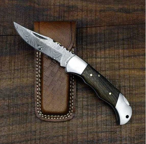6.5" Inches HAND FORGED Damascus Steel Folding Pocket knife+ Leather sheath