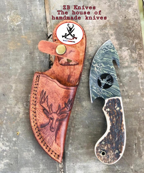 Custom Damascus Gut hook Skinning Knife - ZB Knives Store