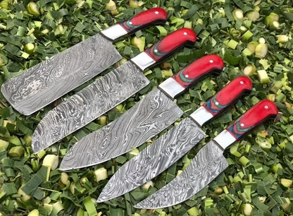 05 PCS HAND FORGED Full Tang Damascus Steel Kitchen Set Knives + Leather Sheath