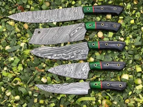 05 PCS HAND FORGED Full Tang Damascus Steel kitchen Set Knives + Leather Sheath