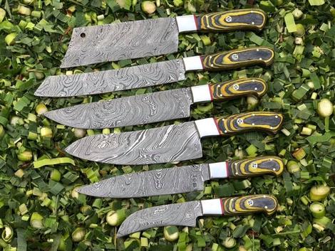 06 PCS HAND FORGED Full Tang Damascus Steel Kitchen Set + Leather Sheath
