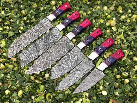 06 PCS HAND FORGED Full Tang Damascus Steel Kitchen Set + Leather Sheath