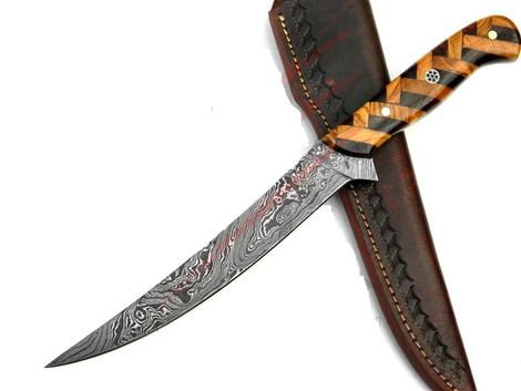13" Inches HAND FORGED Full Tang Damascus Steel Fillet knife+ Leather Sheath