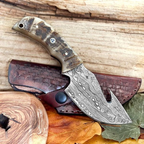 8" inches HAND FORGED Full Tang Damascus Steel Gut Hook Skinning Knife + Leather Sheath