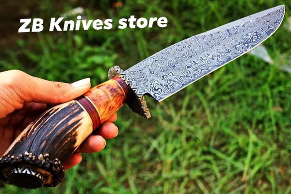 Custom Handmade Stone Texture Damascus Steel Vintage Viking Knife - ZB Knives Store