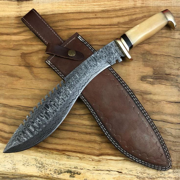 17.5" inches HAND FORGED Full Tang Damascus Steel Kukri Knife + Leather Sheath