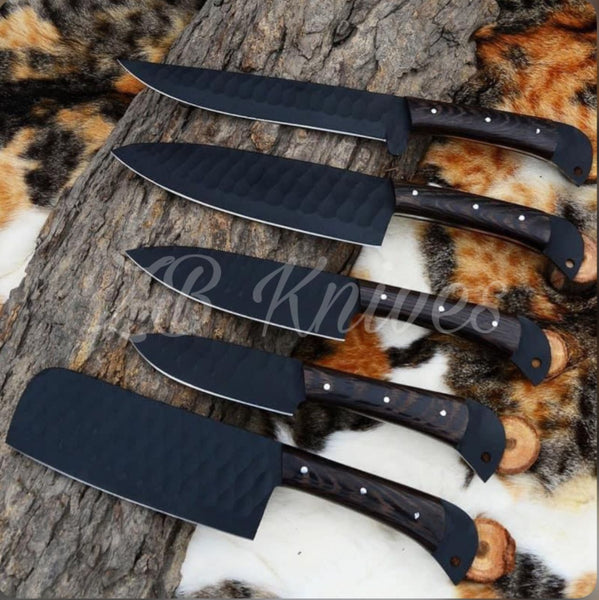 5 PCS HAND FORGED Full Tang High Carbon Steel kitchen set knives + Leather Sheath