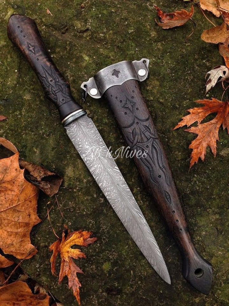 19" Inches HAND FORGED Special Feather 🪶 Damascus Steel Viking Knife+ wood engraved Scabbard
