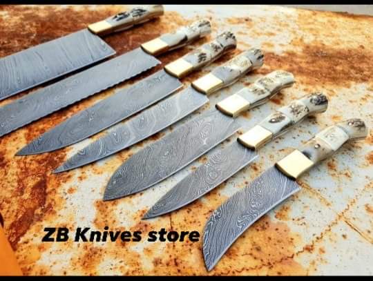 07 PCS Custom Handmade Damascus Steel Antler Horn kitchen knives set - ZB Knives Store