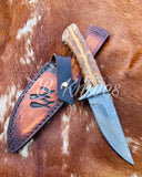 8"inches HAND FORGED Full Tang Damascus Steel Skinning Knife + Leather Sheath
