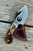 8" Inches HAND FORGED Full Tang Damascus Steel Gut Hook Skinning knife+ Leather sheath