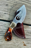 8" Inches HAND FORGED Full Tang Damascus Steel Gut Hook Skinning knife+ Leather sheath
