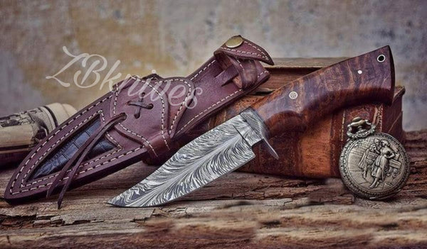 9"inches HAND FORGED Fixed Blade Special Feather Damascus Steel Hunting Knife + Leather Sheath