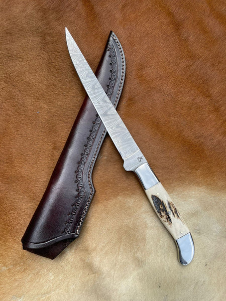 14" inch HAND FORGED Full Tang Damascus Steel Fishing Fillet knife + Leather Sheath
