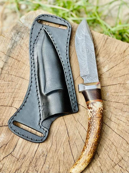 HAND FORGED Fixed Blade Damascus Steel Hunting Knife + Leather Sheath