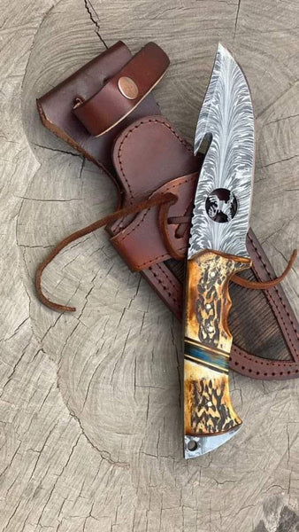 😊🔴🔴🔴 9" inches HAND FORGED Full Tang Feather Pattern Damascus Steel Gut Hook Hunting Knife + leather sheath