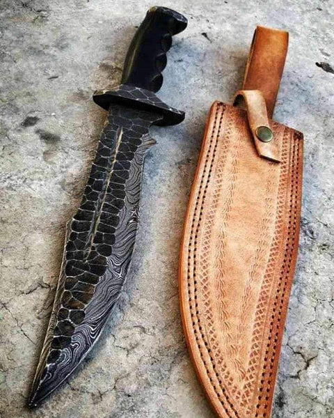 18" inches HAND FORGED Fixed Blade Damascus Steel Bowie Knife + Leather Sheath