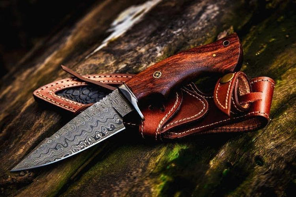 9.70"inches HAND FORGED Fixed Blade Damascus Steel Hunting Knife + Leather Sheath