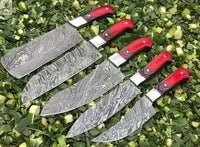 05 PCS HAND FORGED Full Tang Damascus Steel Kitchen Set Knives + Leather Sheath - ZB Knives Store