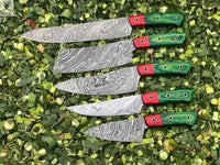 05 PCS HAND FORGED Full Tang Damascus Steel Kitchen Set + Leather Sheath - ZB Knives Store