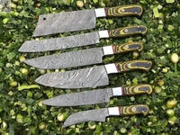 06 PCS HAND FORGED Full Tang Damascus Steel Kitchen Set + Leather Sheath - ZB Knives Store