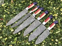 06 PCS HAND FORGED Full Tang Damascus Steel Kitchen Set + Leather Sheath - ZB Knives Store