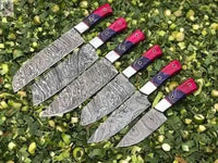 06 PCS HAND FORGED Full Tang Damascus Steel Kitchen Set + Leather Sheath - ZB Knives Store