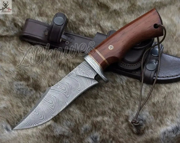 10.5" Inches HAND FORGED Damascus Steel Hunting Knife + leather sheath - ZB Knives Store