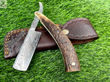 10" Inches HAND FORGED Damascus Steel Razor knife+ Leather sheath - ZB Knives Store