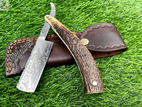 10" Inches HAND FORGED Damascus Steel Razor knife+ Leather sheath - ZB Knives Store