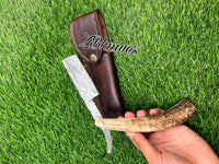 10" Inches HAND FORGED Damascus Steel Razor knife+ Leather sheath - ZB Knives Store