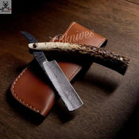 10" Inches HAND FORGED Damascus Steel Razor knife+ Leather sheath - ZB Knives Store