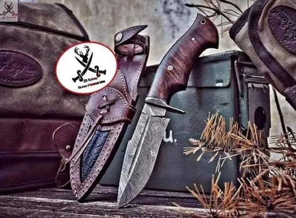 10" inches HAND FORGED Fixed Blade Damascus Steel Hunting Knife + Leather Sheath - ZB Knives Store